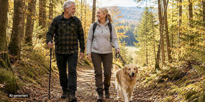 mann frau outdoorkleidung trekkingkleidung wald spazieren mit hund 1000x500 ki